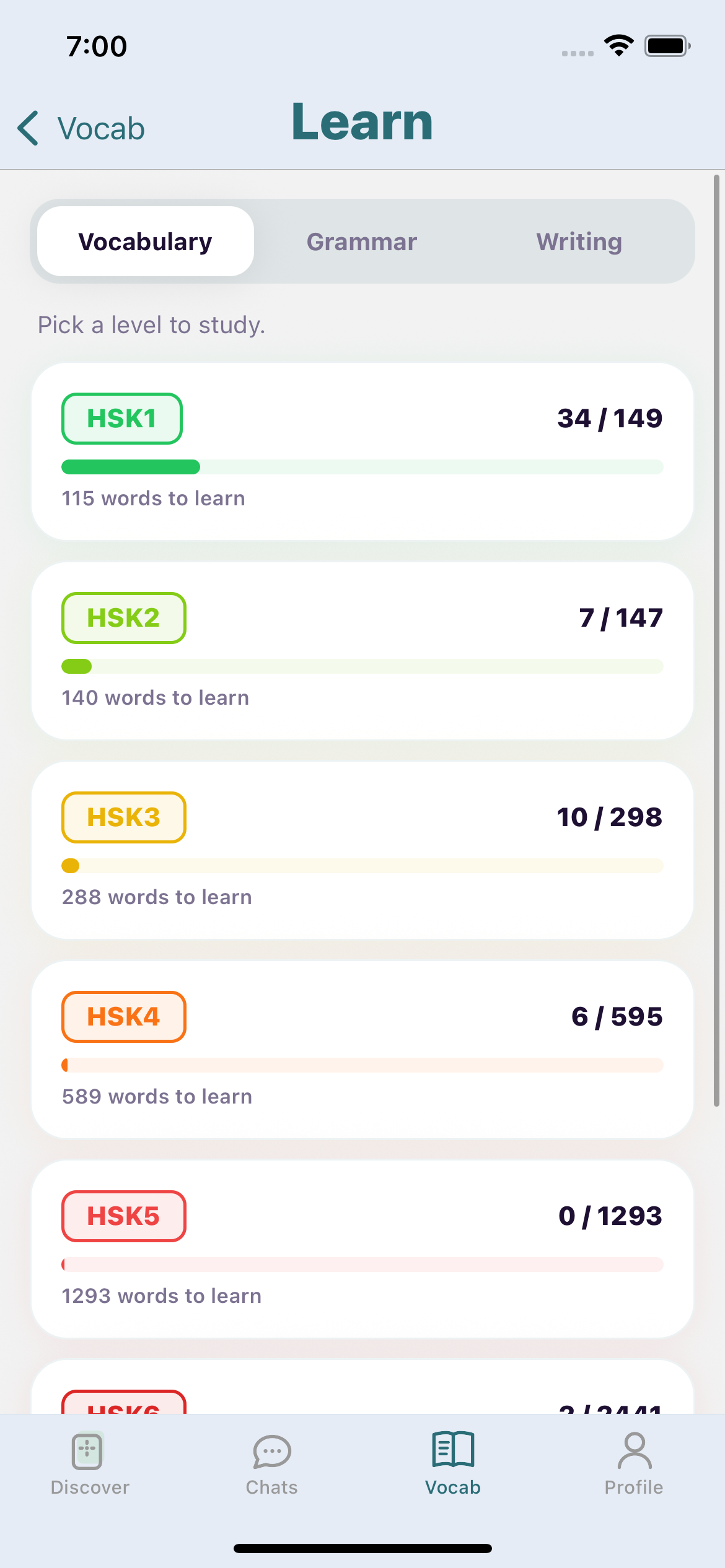 HSK level progress bars from HSK1 through HSK6