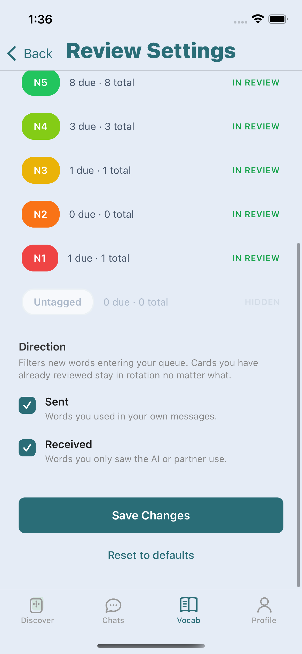 Review settings page with JLPT level toggles and Sent / Received direction filters